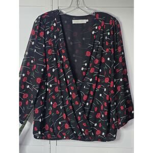 ASTR The LABEL Poppy Floral Print Surplice Vneck Long Sleeve Top SZ Large Blk Rd
